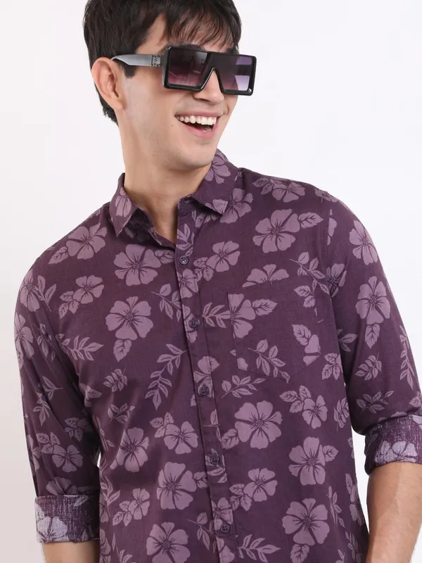  Ketch Men Purple Printed Slim Fit Casual Shirts