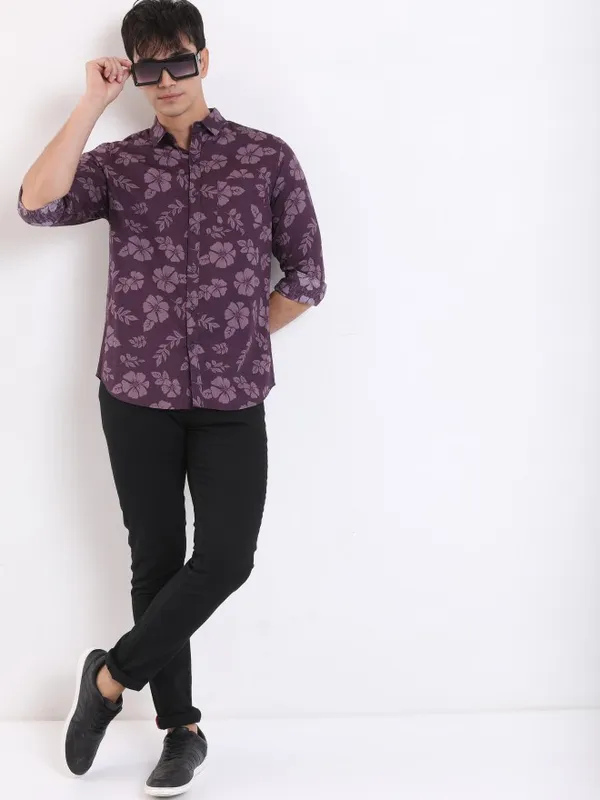  Ketch Men Purple Printed Slim Fit Casual Shirts