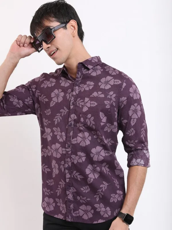  Ketch Men Purple Printed Slim Fit Casual Shirts