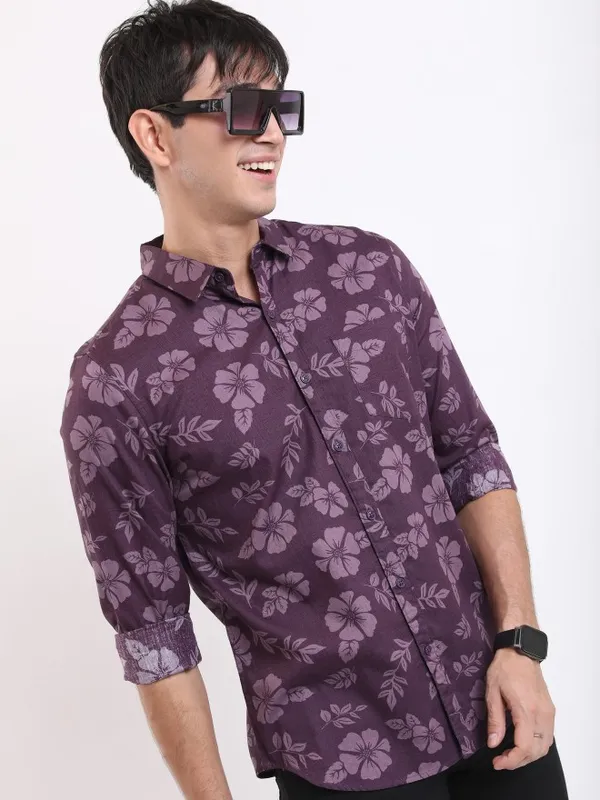  Ketch Men Purple Printed Slim Fit Casual Shirts