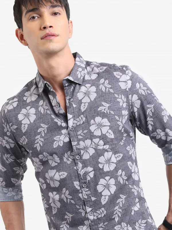  Ketch Men Grey Printed Slim Fit Casual Shirts