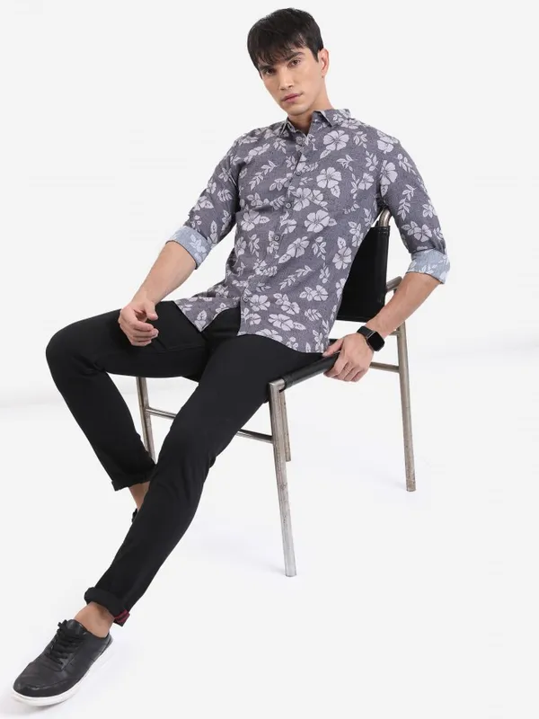  Ketch Men Grey Printed Slim Fit Casual Shirts