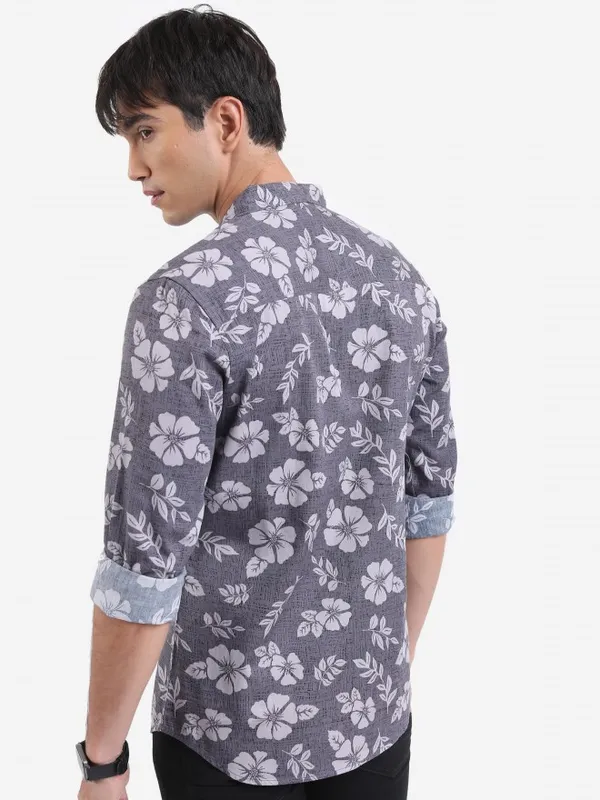  Ketch Men Grey Printed Slim Fit Casual Shirts