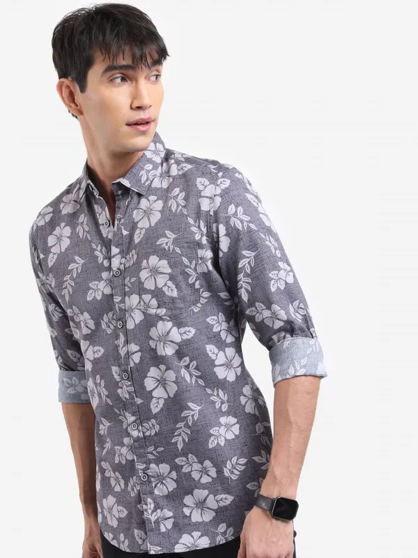  Ketch Men Grey Printed Slim Fit Casual Shirts