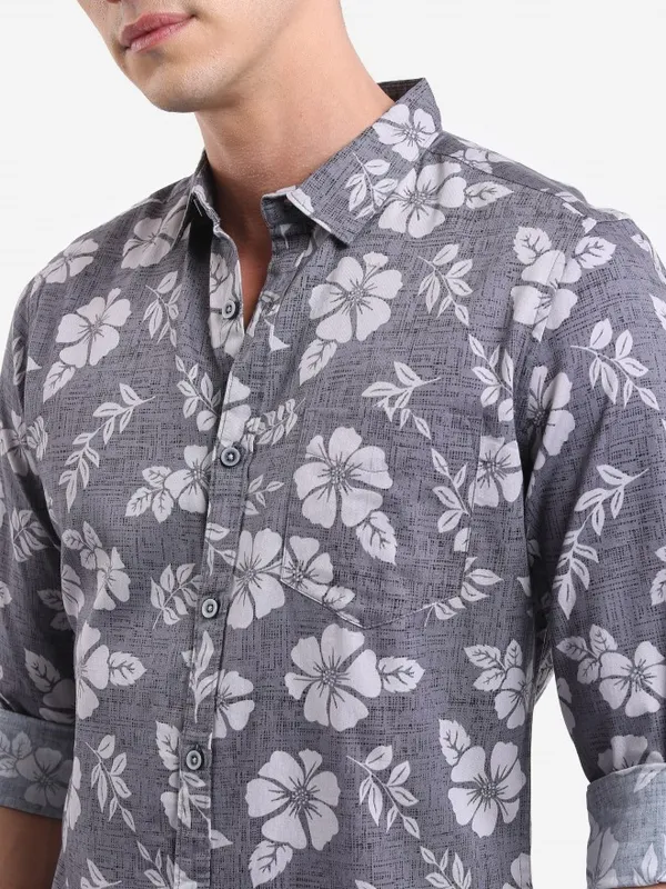  Ketch Men Grey Printed Slim Fit Casual Shirts