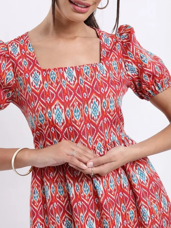 Vishudh Women Rust Printed A-Line Dress