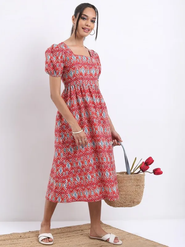 Vishudh Women Rust Printed A-Line Dress