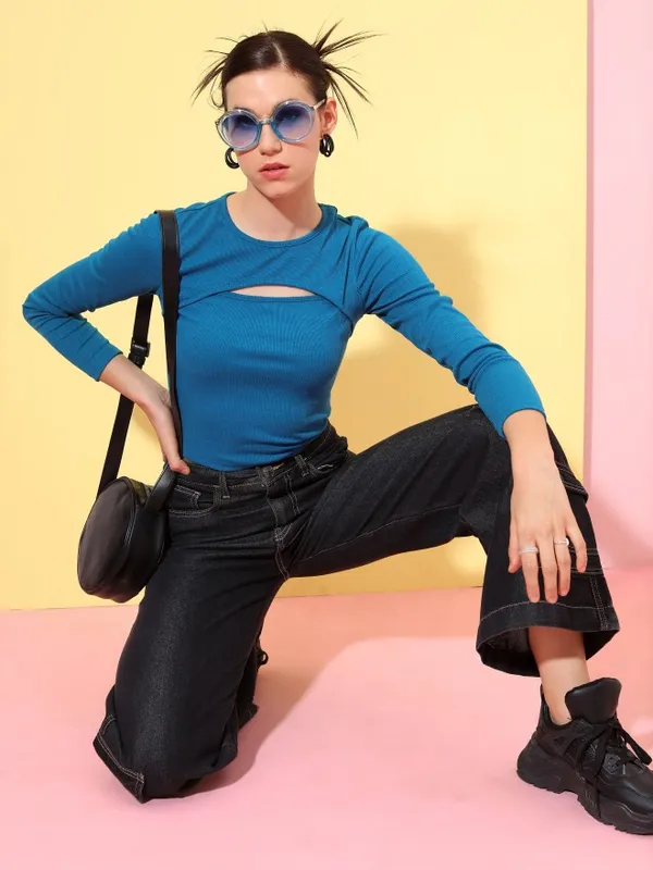  Tokyo Talkies Women Blue Solid Fitted Tops