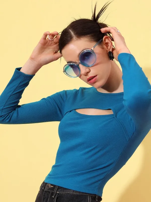  Tokyo Talkies Women Blue Solid Fitted Tops