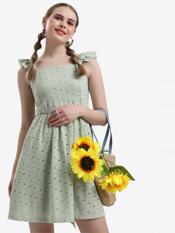  Ketch Women Olive Self Design A-Line Dresses