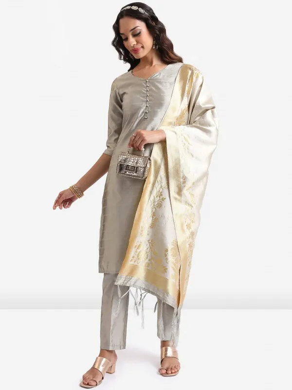 Vishudh Women Grey Embroidered Kurta With Trouser And Dupatta
