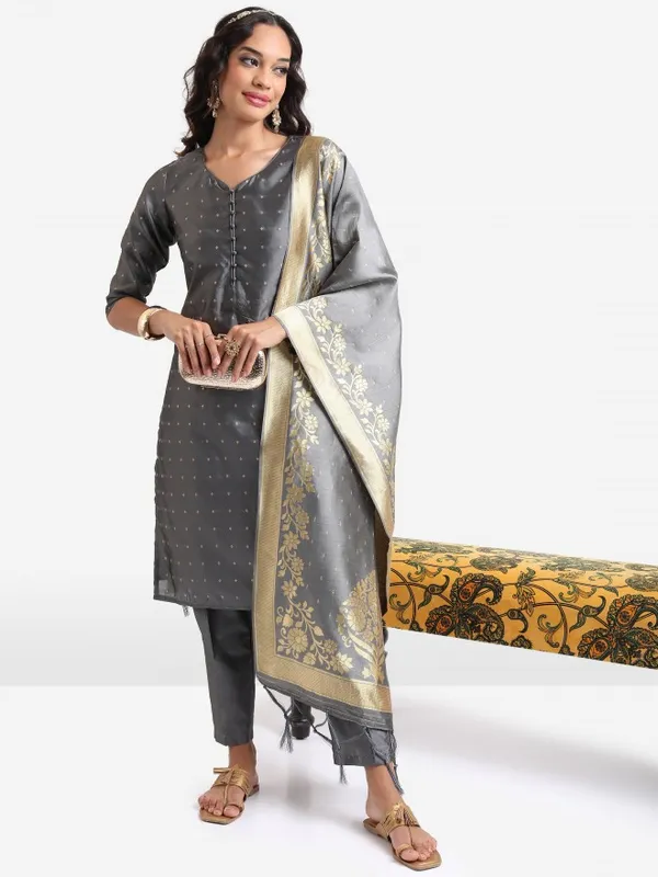  Vishudh Women Grey Self Design Kurta Sets