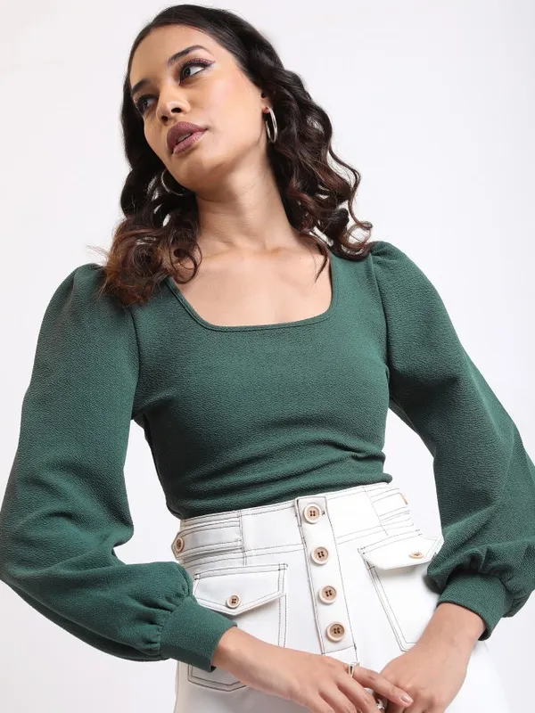  Tokyo Talkies Women Green Solid Regular Tops