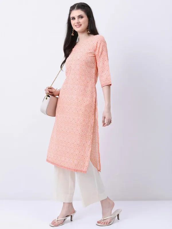  Ketch Women Peach Printed Straight Kurtas