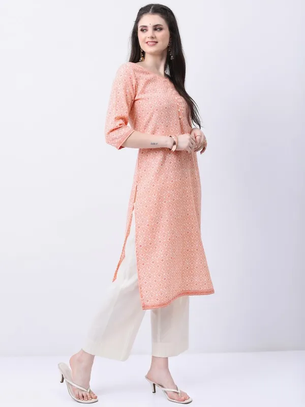  Ketch Women Peach Printed Straight Kurtas