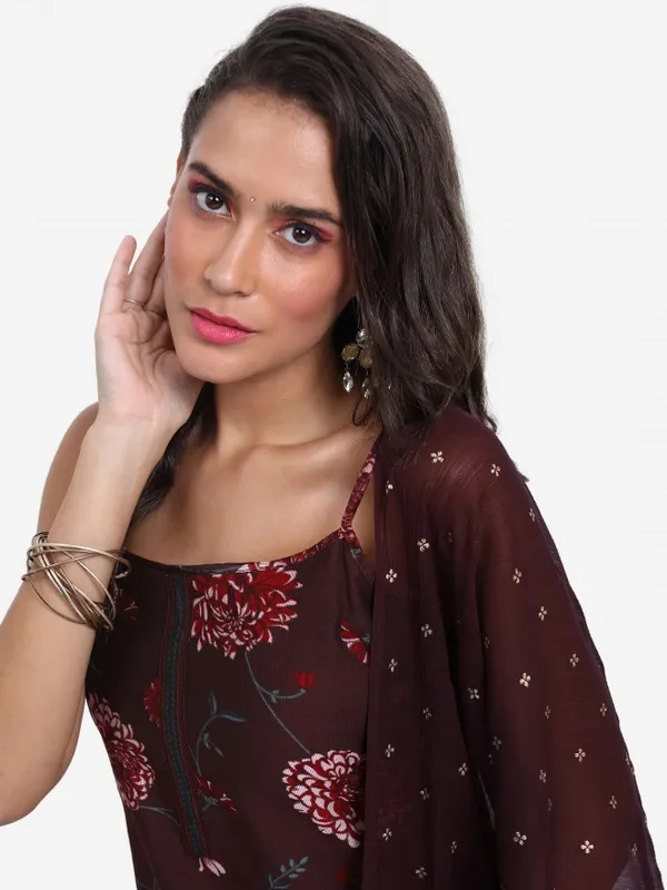 Vishudh Women Brown Printed Kurta With Trouser And Dupatta