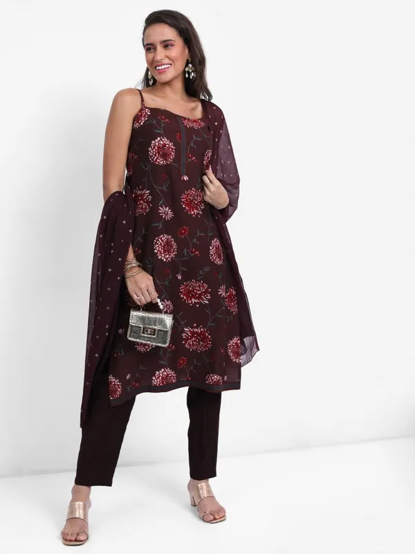 Vishudh Women Brown Printed Kurta With Trouser And Dupatta