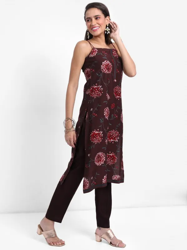 Vishudh Women Brown Printed Kurta With Trouser And Dupatta