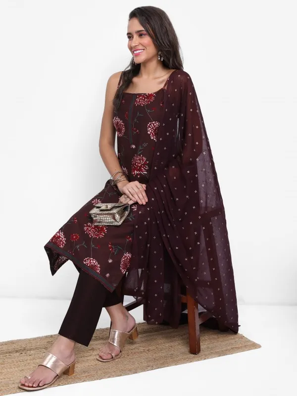 Vishudh Women Brown Printed Kurta With Trouser And Dupatta