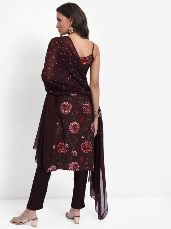 Vishudh Women Brown Printed Kurta With Trouser And Dupatta