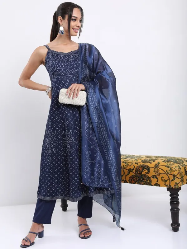 Vishudh Women Blue Printed Kurta With Trouser And Dupatta