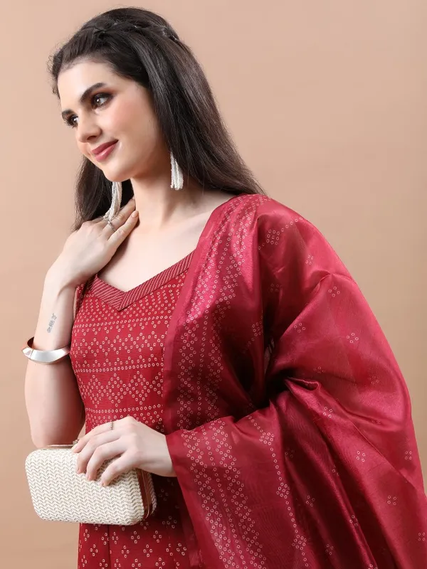 Vishudh Women Maroon Printed Kurta With Trouser And Dupatta