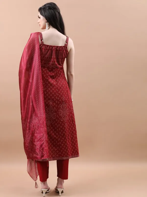 Vishudh Women Maroon Printed Kurta With Trouser And Dupatta