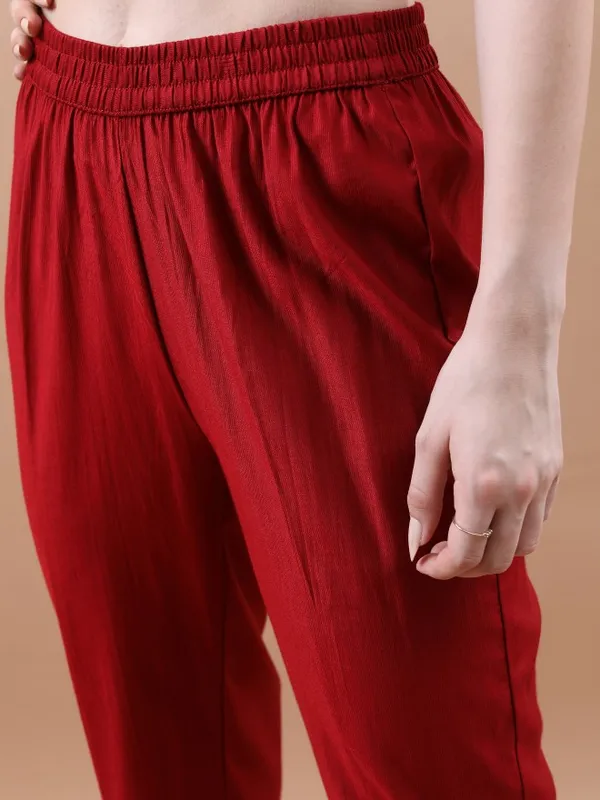 Vishudh Women Maroon Printed Kurta With Trouser And Dupatta