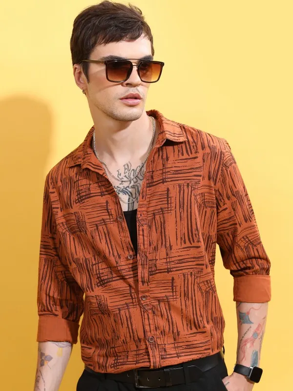  Highlander Men Terracotta Printed Slim Fit Casual Shirts