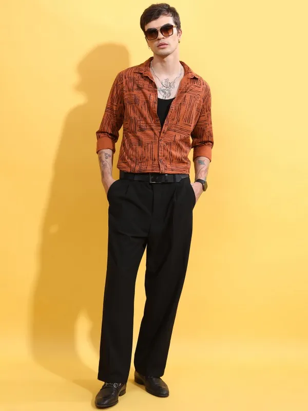  Highlander Men Terracotta Printed Slim Fit Casual Shirts