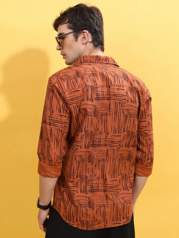  Highlander Men Terracotta Printed Slim Fit Casual Shirts