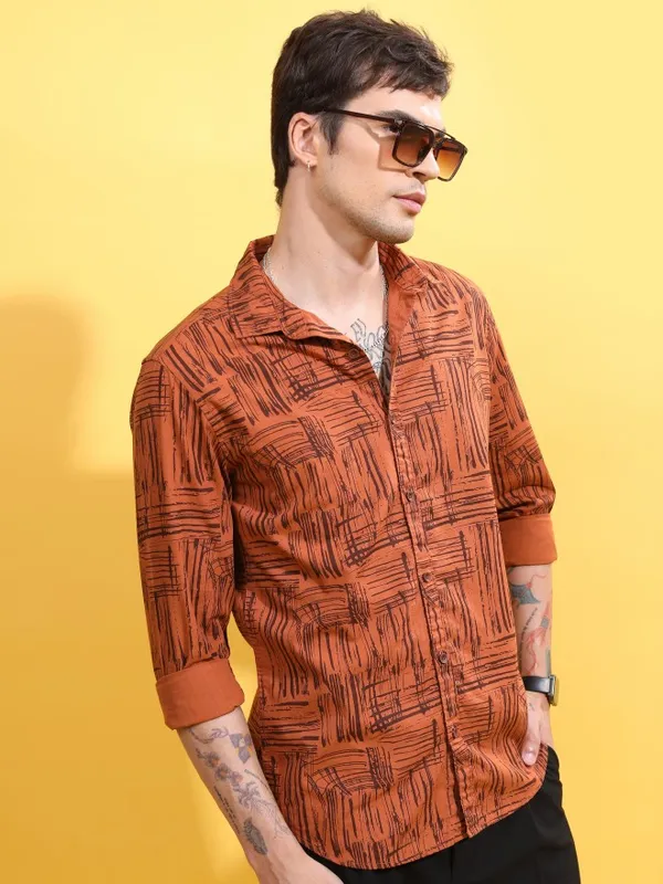  Highlander Men Terracotta Printed Slim Fit Casual Shirts