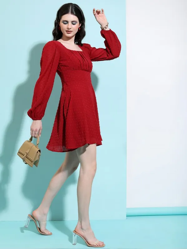 Tokyo Talkies Women Maroon Self Design Fit And Flare Dress