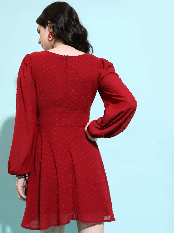 Tokyo Talkies Women Maroon Self Design Fit And Flare Dress