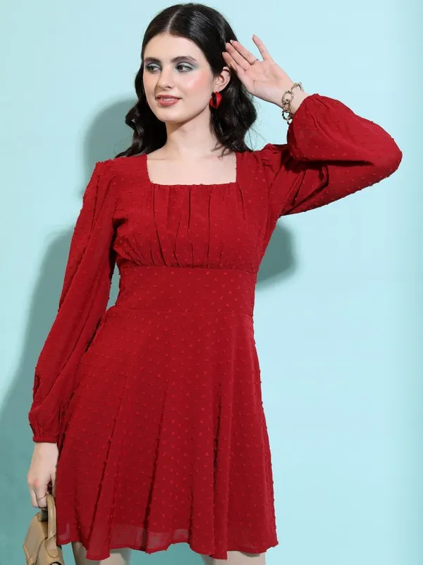 Tokyo Talkies Women Maroon Self Design Fit And Flare Dress