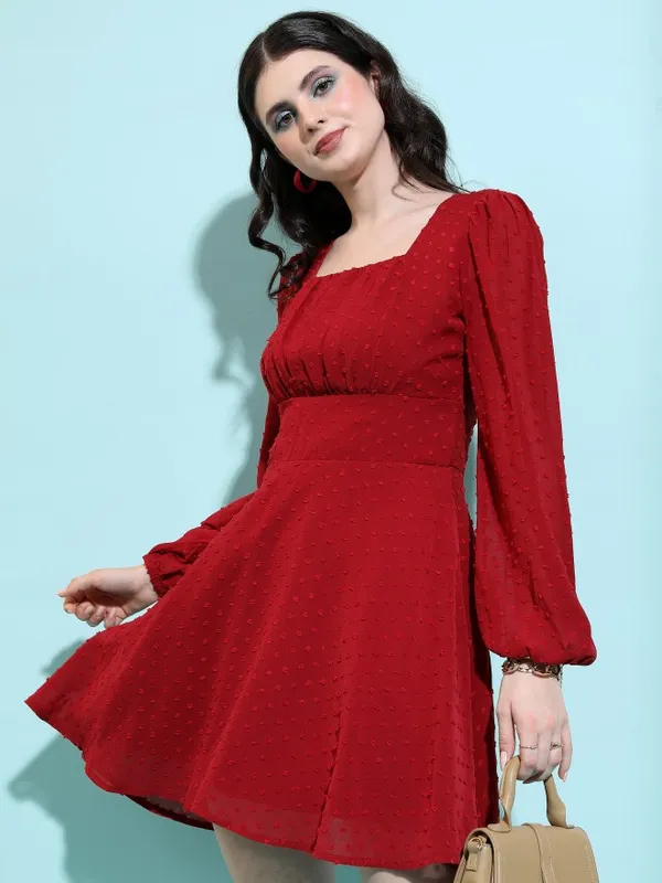 Tokyo Talkies Women Maroon Self Design Fit And Flare Dress