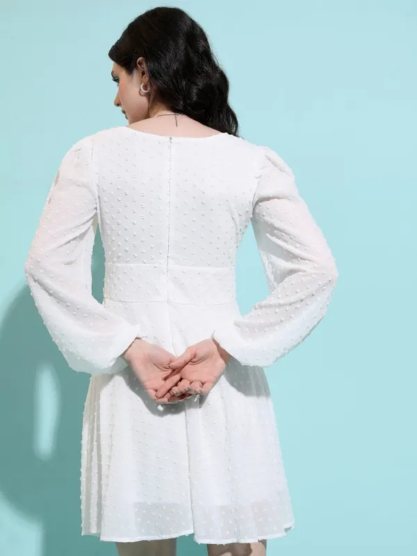 Tokyo Talkies Women Cream Self Design Fit And Flare Dress