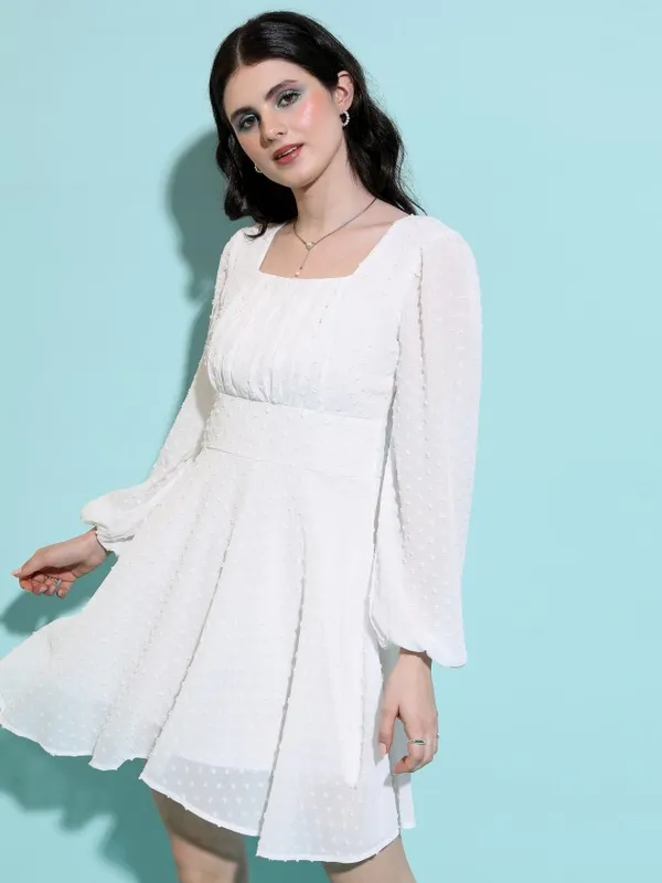 Tokyo Talkies Women Cream Self Design Fit And Flare Dress