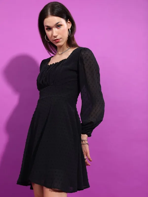 Tokyo Talkies Women Black Self Design Fit And Flare Dress
