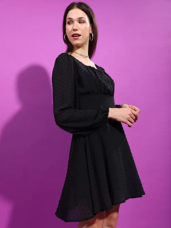 Tokyo Talkies Women Black Self Design Fit And Flare Dress