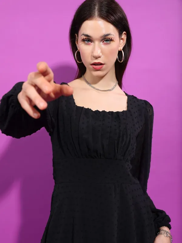 Tokyo Talkies Women Black Self Design Fit And Flare Dress