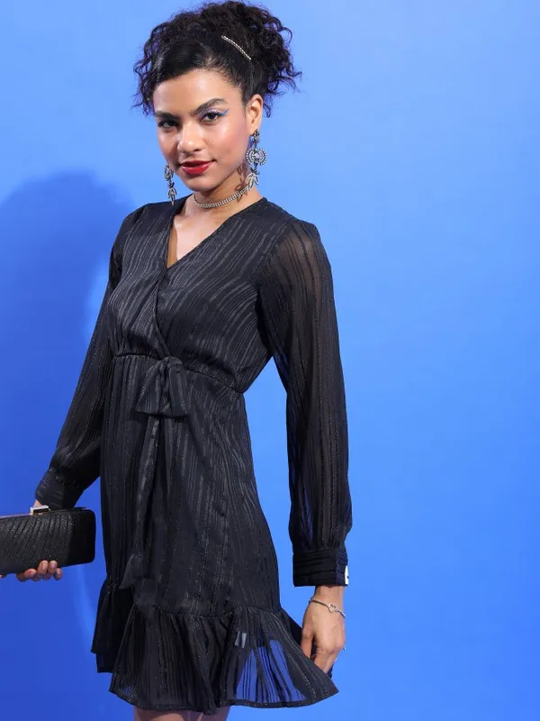 Tokyo Talkies Women Black Striped Wrap Dress