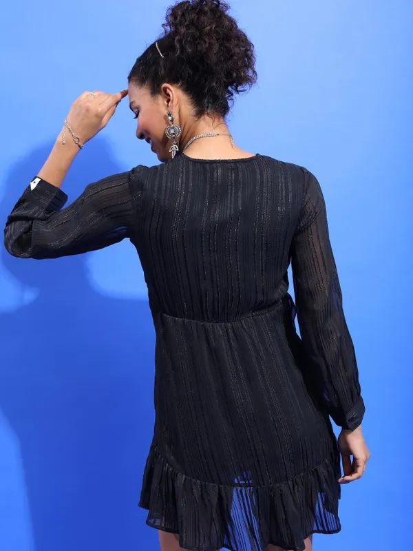 Tokyo Talkies Women Black Striped Wrap Dress