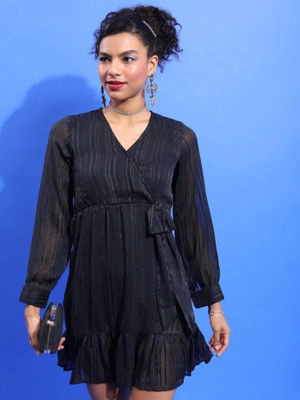 Tokyo Talkies Women Black Striped Wrap Dress