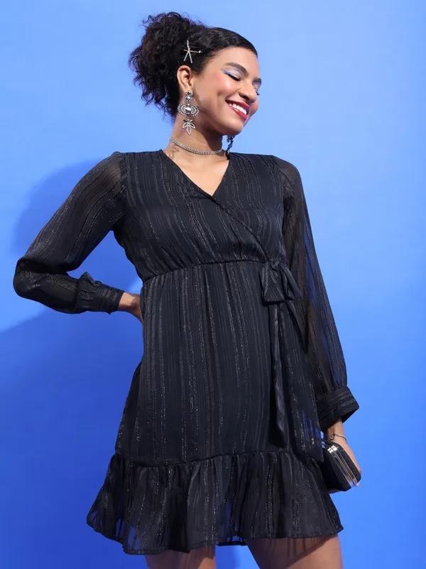 Tokyo Talkies Women Black Striped Wrap Dress