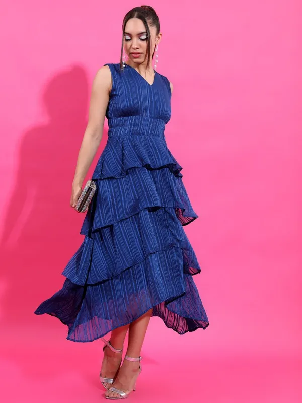 Tokyo Talkies Women Navy Blue Striped Maxi Dress