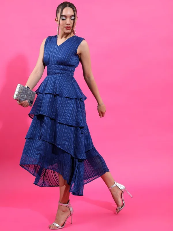 Tokyo Talkies Women Navy Blue Striped Maxi Dress