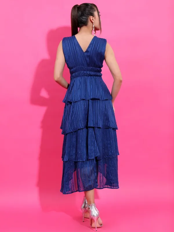 Tokyo Talkies Women Navy Blue Striped Maxi Dress