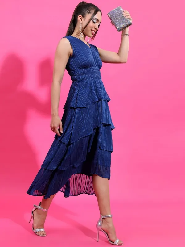 Tokyo Talkies Women Navy Blue Striped Maxi Dress