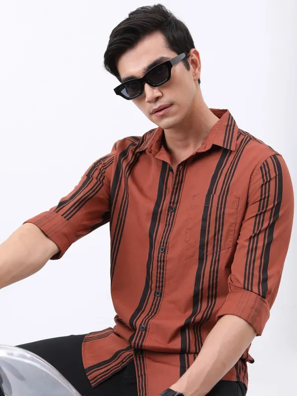  Highlander Men Terracotta Striped Slim Fit Casual Shirts